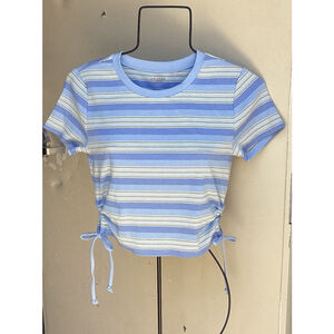Blue Striped Top Shirt Woman’s/Jrs Size Small Ruched Side Drawstrings Arizona